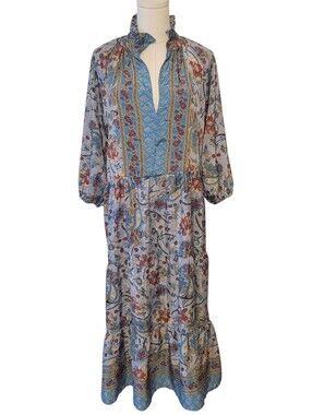 Paani Gray Paisley Caftan Long Maxi Dress Size Small‎